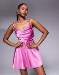 [Rare] Rare London satin ruched bust tie back floaty mini dress in pink 16 PINK