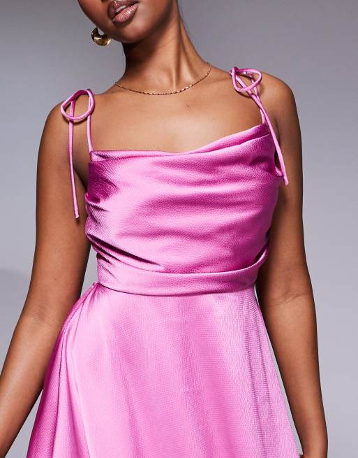 chinese dress ladies Satin Ruffle Lace Up Back Maxi Dress – bebe