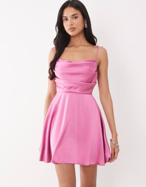Rare London satin ruched bust tie back floaty mini dress in pink