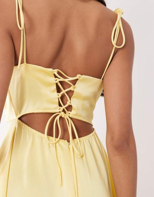 Rare London satin ruched bust tie back floaty mini dress in yellow, 4 of 4