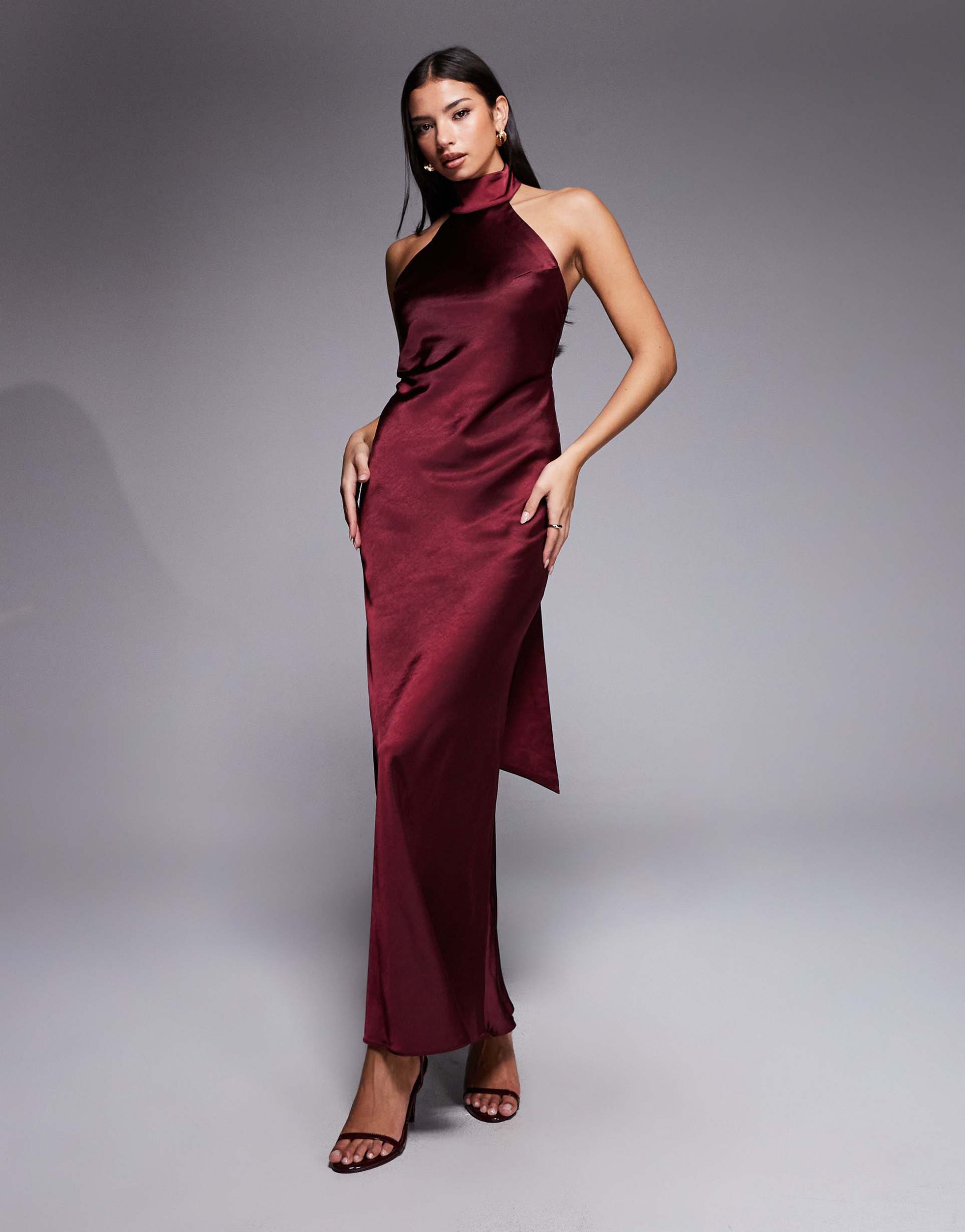 rare london satin scarf detail halter open back maxi dress in plum