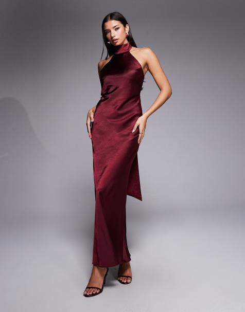 Rare London satin scarf detail halter open back maxi dress in plum