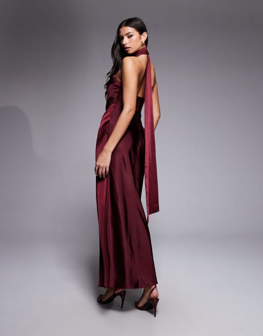 Rare London satin scarf detail halter open back maxi dress in plum | ASOS
