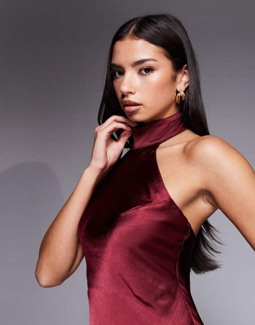 Rare London satin scarf detail halter open back maxi dress in plum, 3 of 4