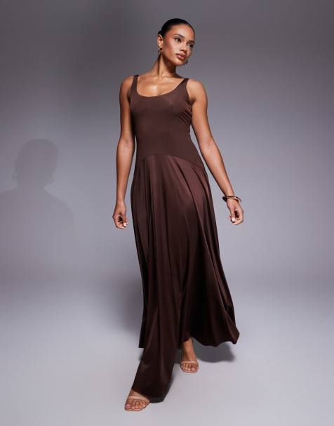 Rare London satin scoop neck dropped side waist maxi dress in chocolate - view 1