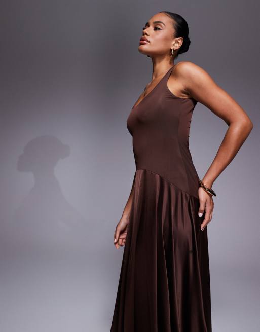 Rare London satin scoop neck dropped side waist maxi dress in chocolate