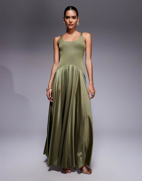 Rare London satin scoop neck dropped waist maxi dress in olive - view 1