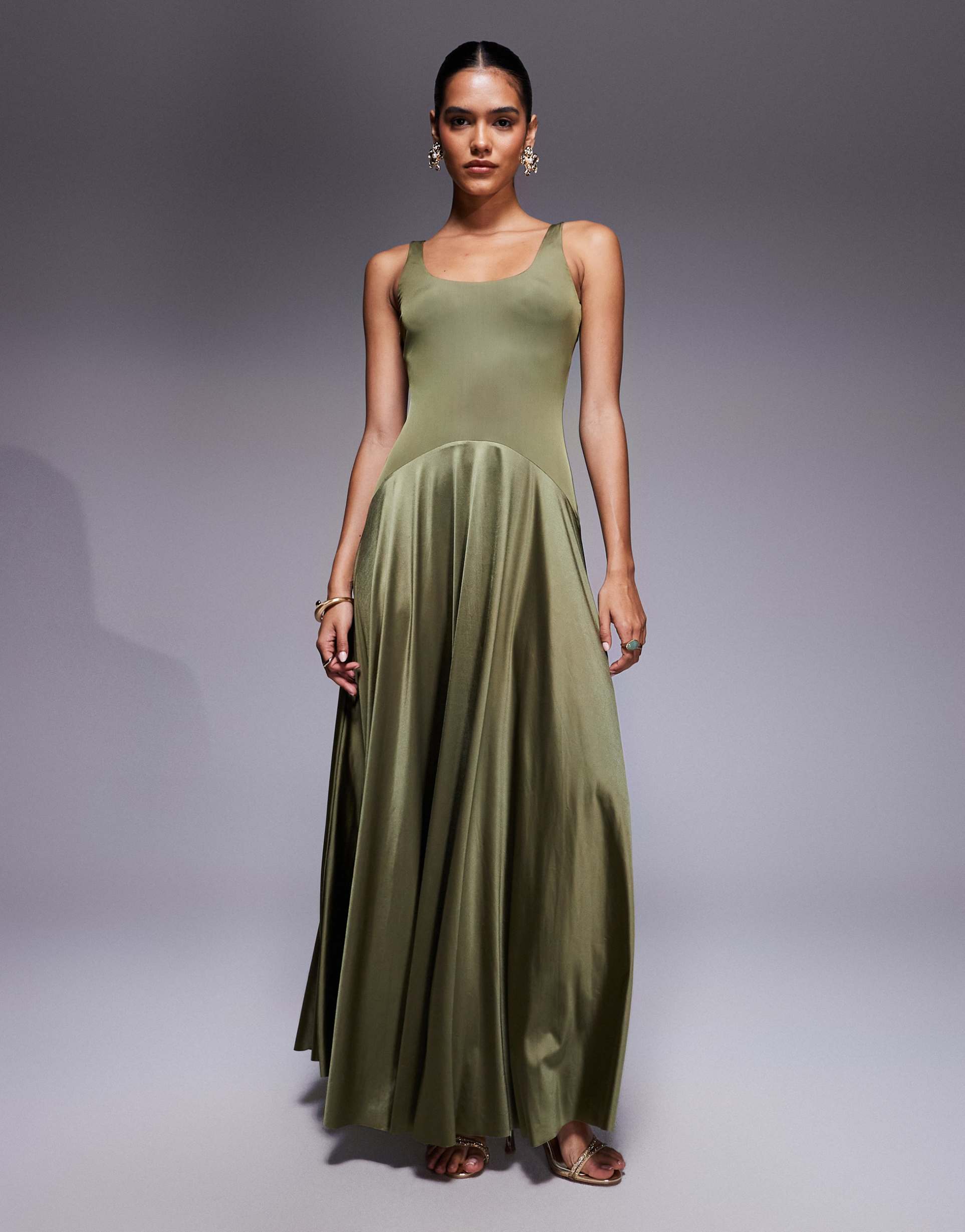 rare london satin scoop neck dropped waist maxi dress in olive