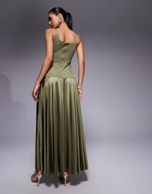 Rare London Satin Scoop Neck Dropped Waist Maxi Dress In Green