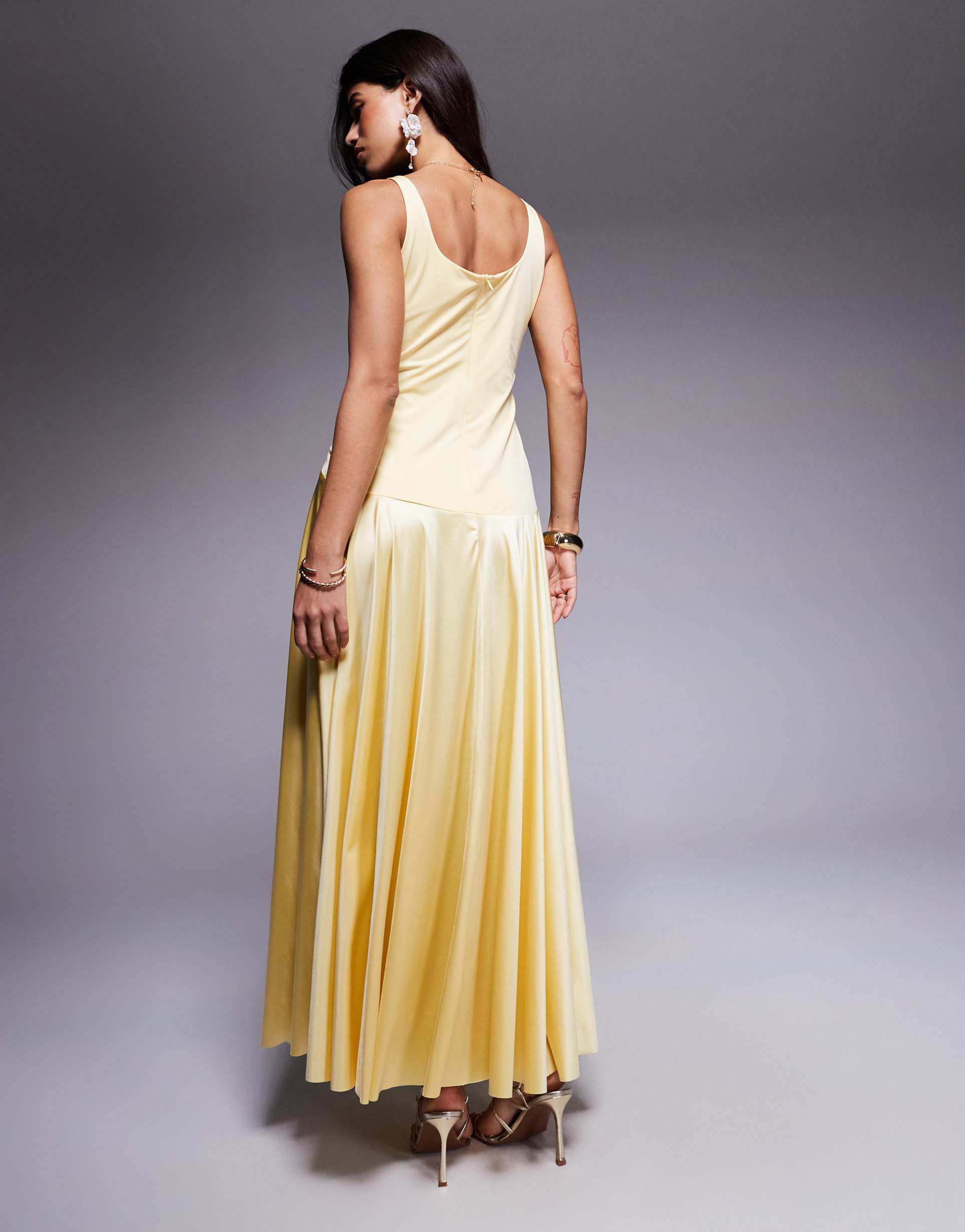 rare london satin scoop neck dropped waist maxi dress in yellow