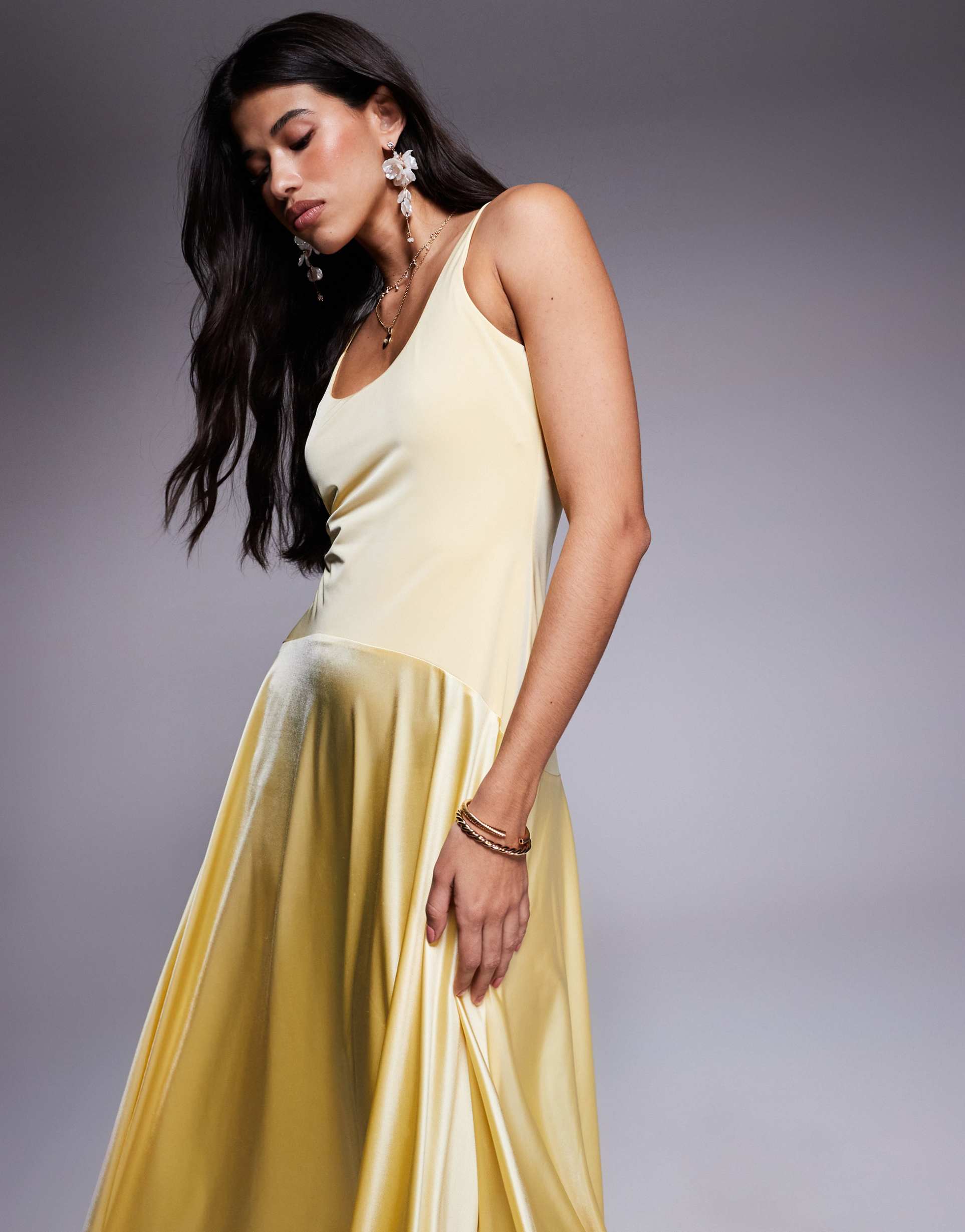 rare london satin scoop neck dropped waist maxi dress in yellow