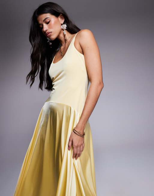 Topshop satin high neck pleated dropped waist maxi dress in chocolate