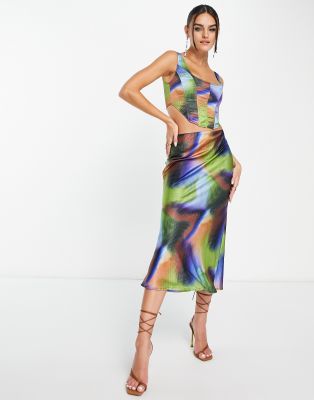 London satin slip skirt in smudge print - part of a set-Multi