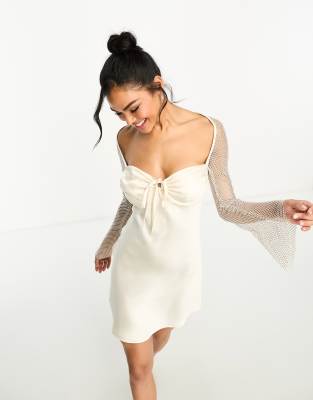 Rare London satin sweetheart neckline mini dress with diamante sleeves in cream - ASOS Price Checker