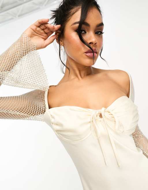 Rare London Satin Sweetheart Neckline Mini Dress with Diamante Sleeves in cream White