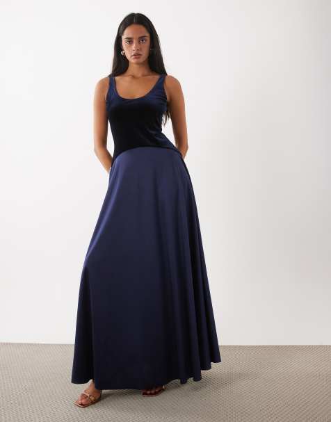 Rare London scoop neck velvet satin high shine skirt maxi dress in navy - view 1