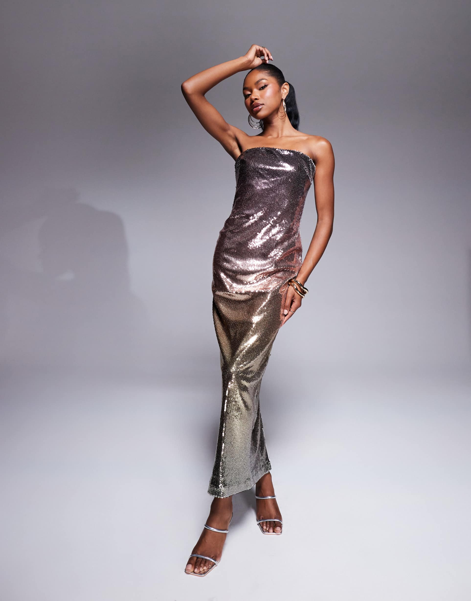 rare london sequin bandeau bodycon maxi dress in metallic ombre