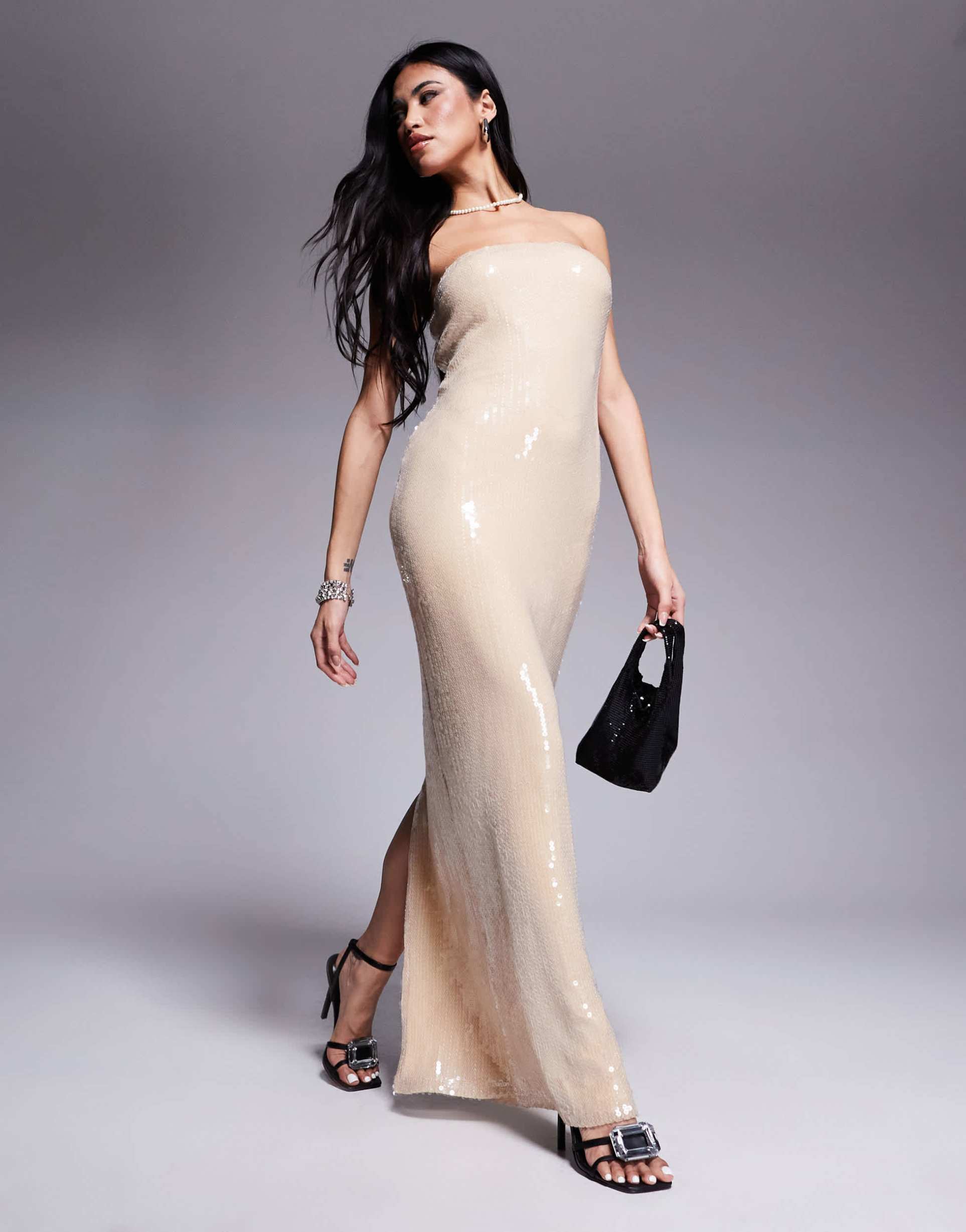 rare london sequin bandeau maxi dress in buttercream