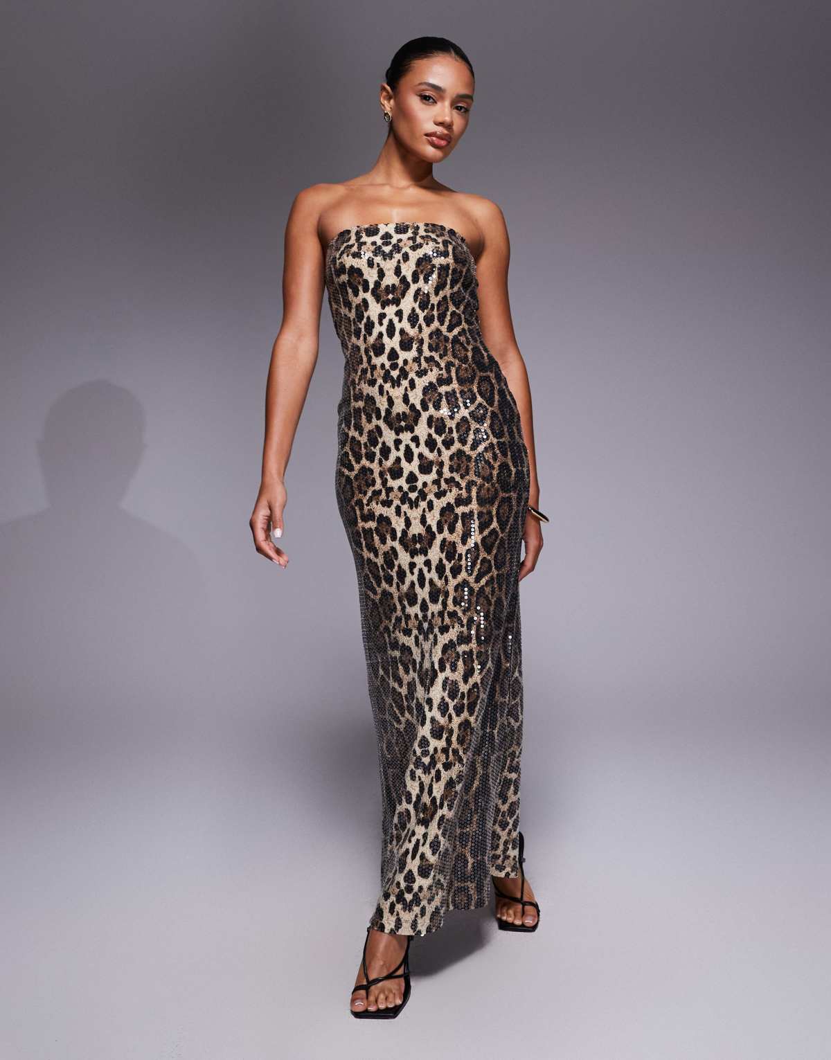 Rare London sequin bandeau midaxi dress in leopard print