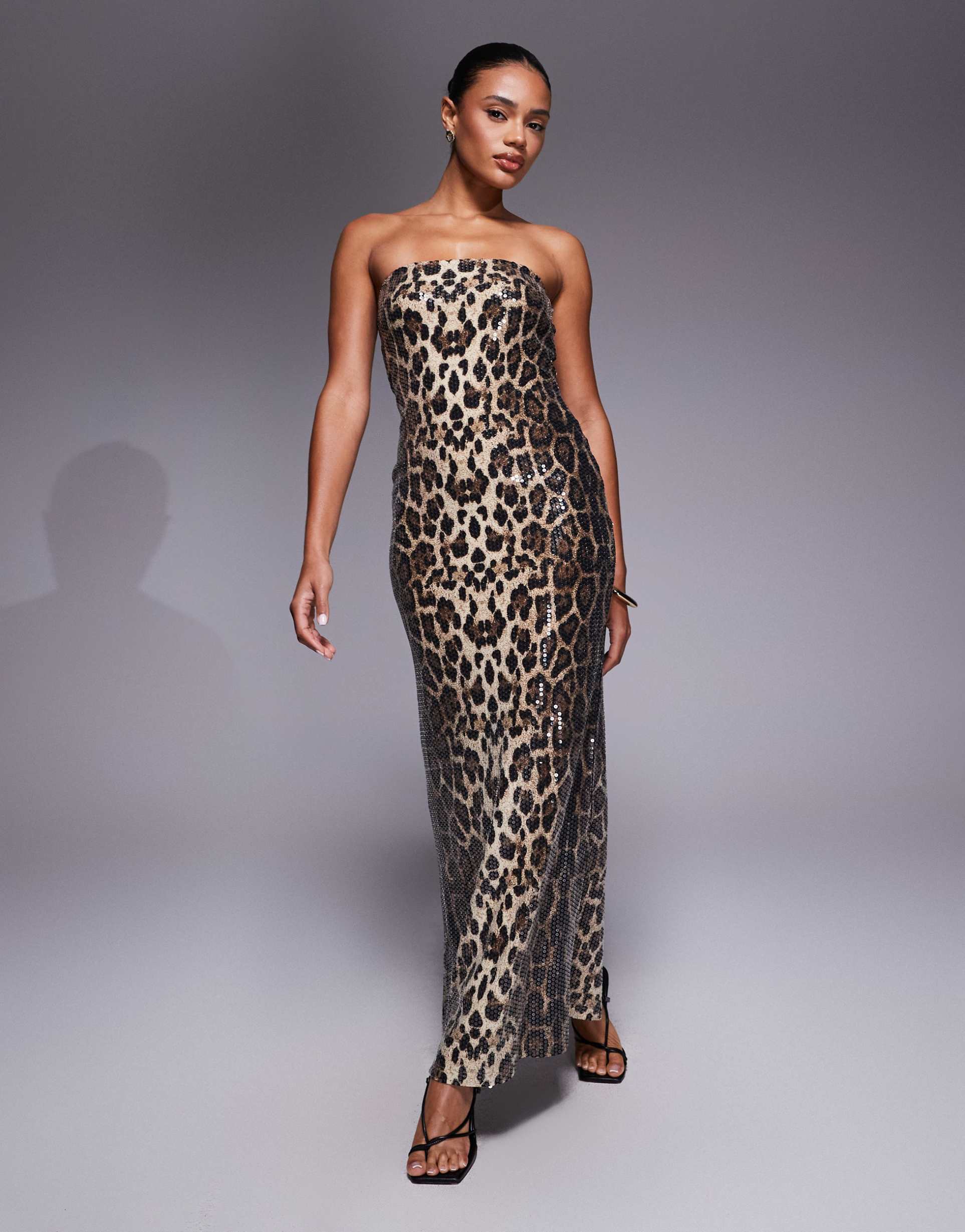 rare london sequin bandeau midaxi dress in leopard print