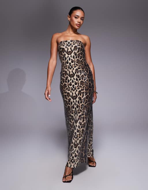 Rare London sequin bandeau midaxi dress in leopard print