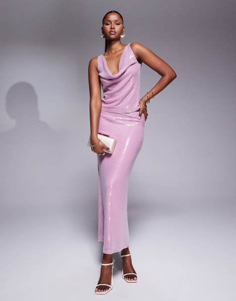 Rare London sequin cowl neck top and maxi skirt set in pink - view 1