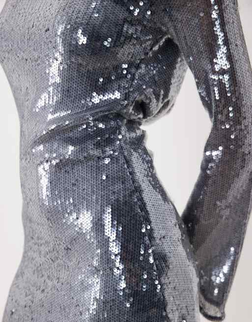 Rare London sequin cowl open back detail shift mini dress in navy, 3 of 4