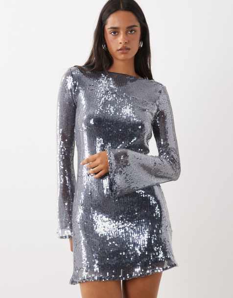 Rare London sequin cowl open back detail shift mini dress in silver - view 1