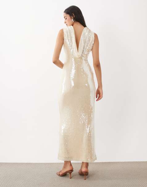 Rare London sequin deep cowl back maxi dress in oyster - view 1