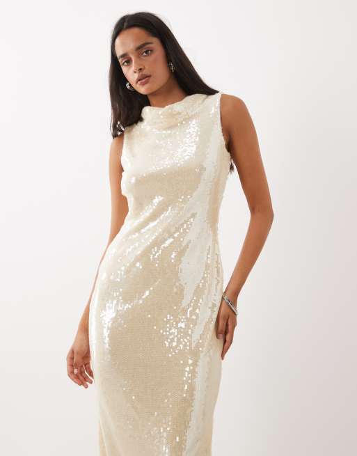Rare London sequin deep cowl back maxi dress in oyster, 2 of 4