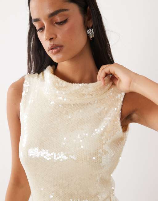 Rare London sequin deep cowl back maxi dress in oyster, 3 of 4