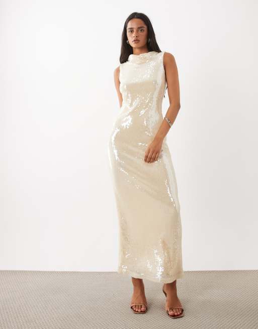 Rare London sequin deep cowl back maxi dress in oyster, 4 of 4