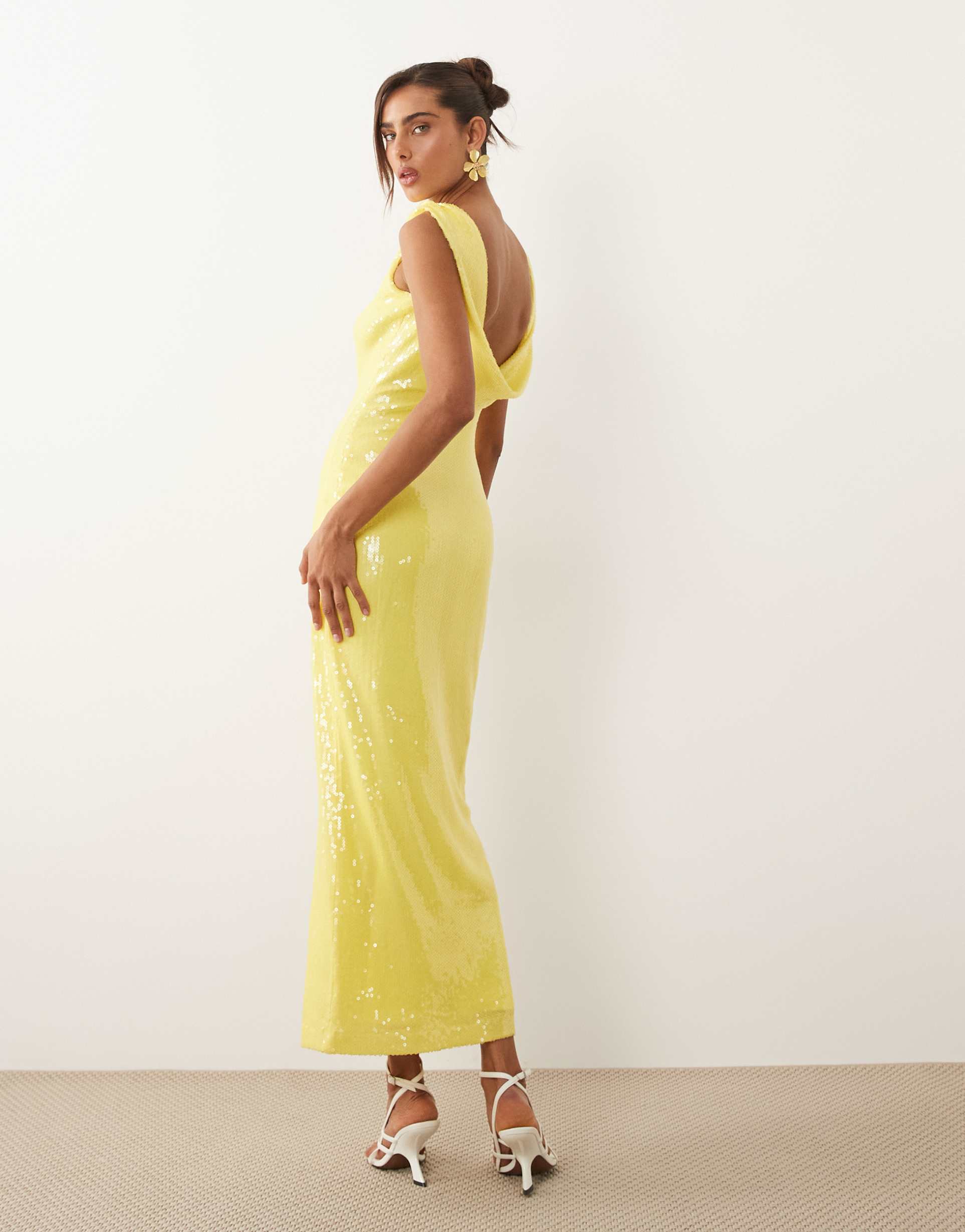 rare london sequin deep cowl back maxi dress in yellow