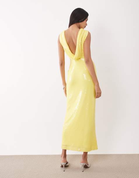 Rare London sequin deep cowl back maxi dress in yellow