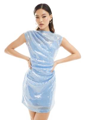 Rare London sequin high neck drape detail mini dress in baby blue - view 1