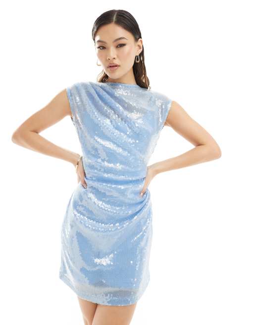 Rare London sequin high neck drape detail mini dress in baby blue