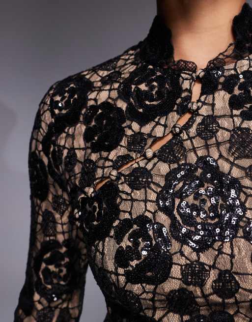 Rare London sequin lace overlay button chest detail mini dress in black, 3 of 4