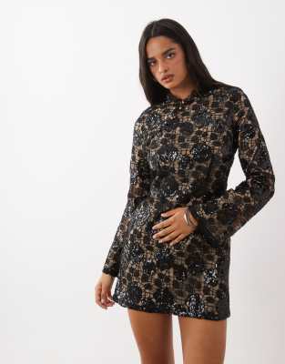 Rare London sequin lace overlay mandarin detail mini dress in black | ASOS