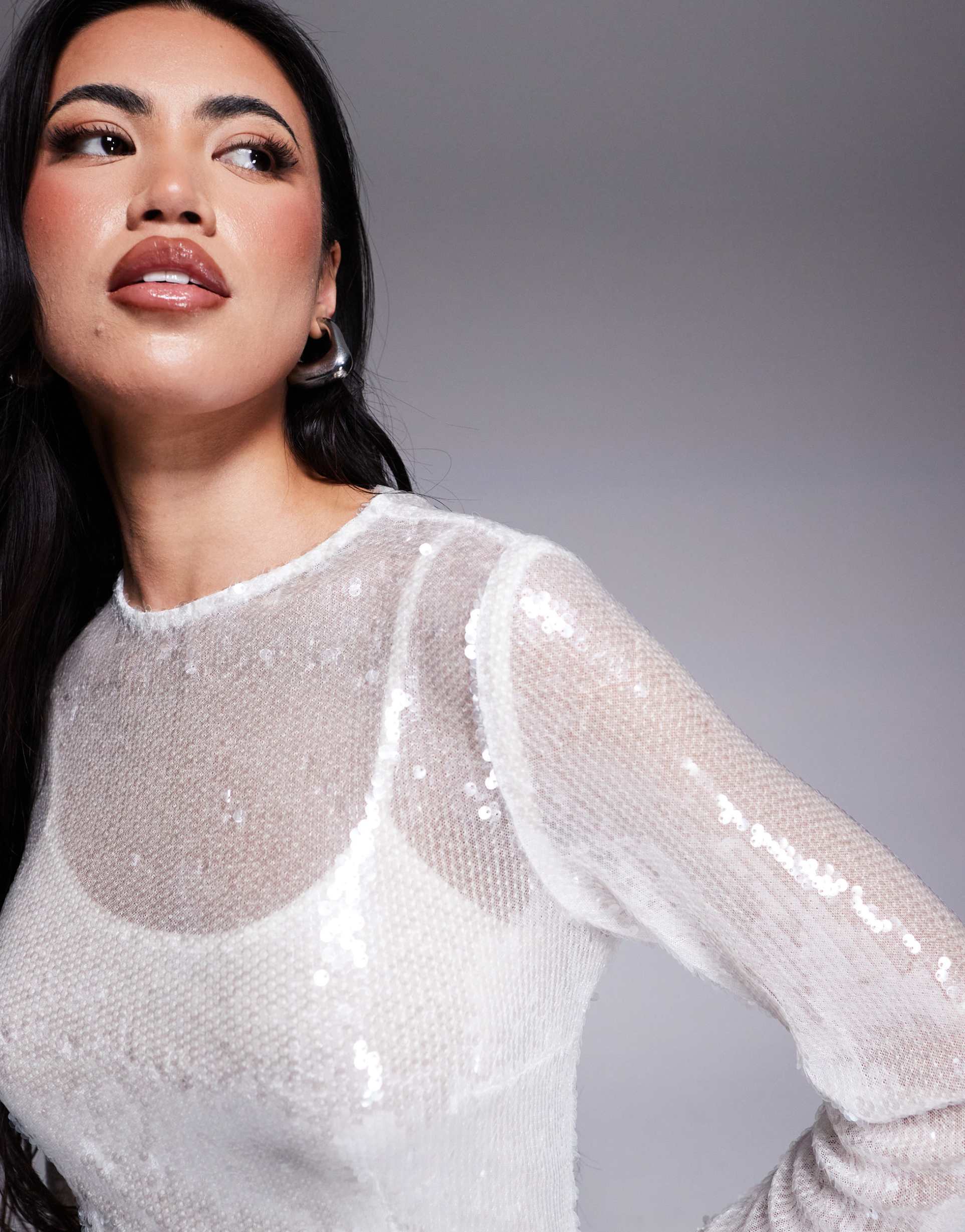 rare london sequin long sleeve maxi dress in white