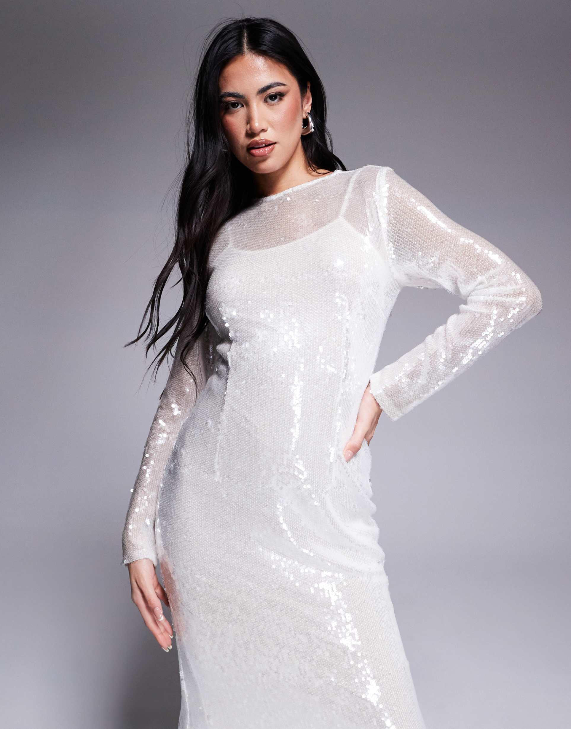 rare london sequin long sleeve maxi dress in white