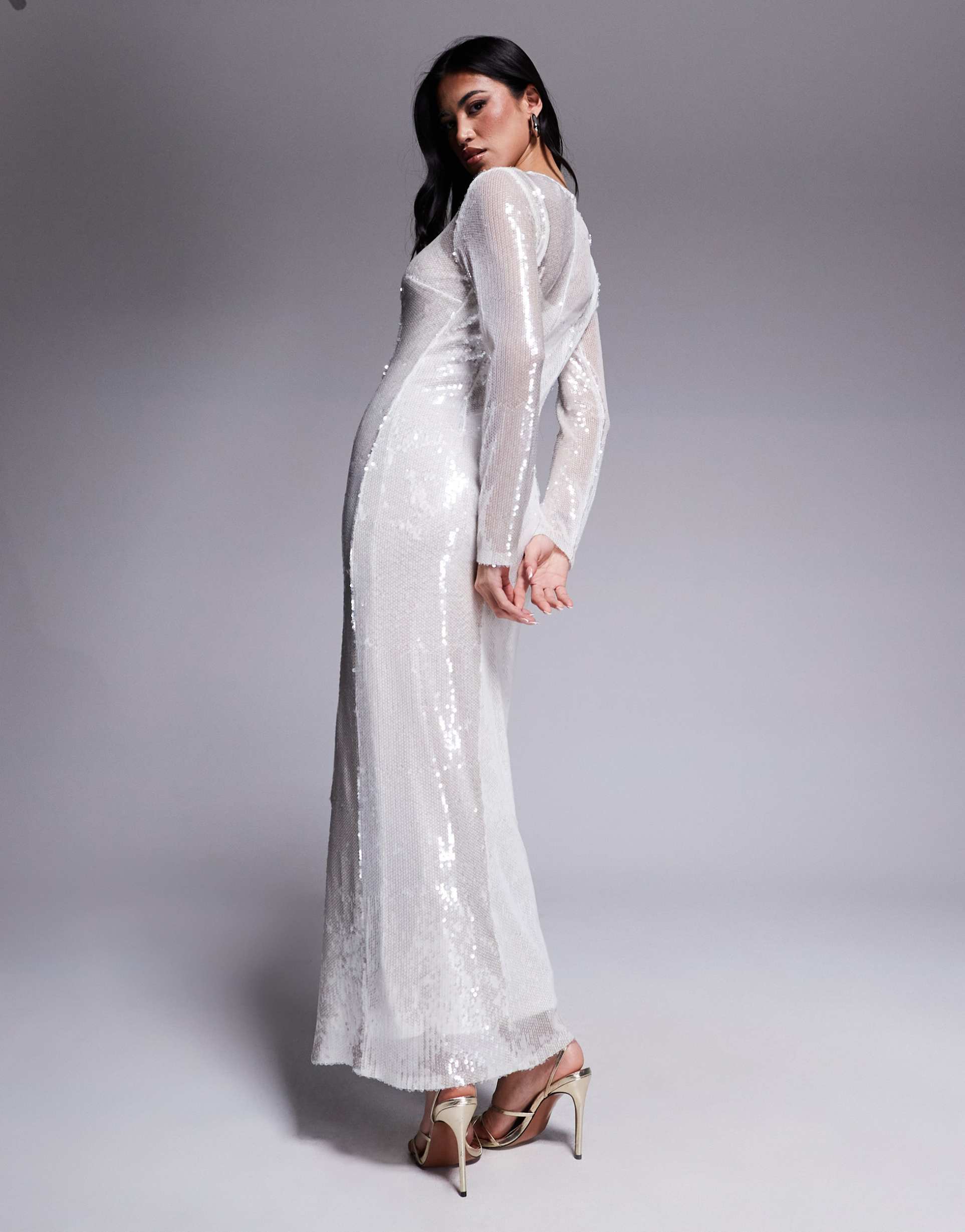 rare london sequin long sleeve maxi dress in white