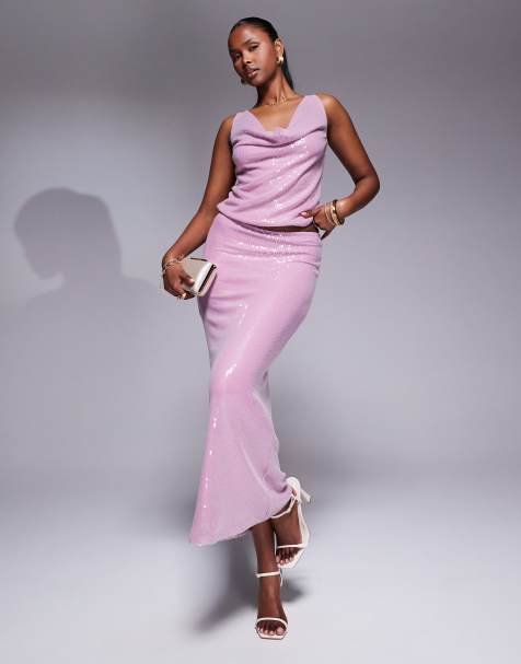 Rare London sequin maxi skirt co-ord in pink