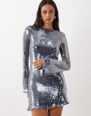 Rare London Sequin Open Cowl Back Detail Mini Shift Dress In Navy