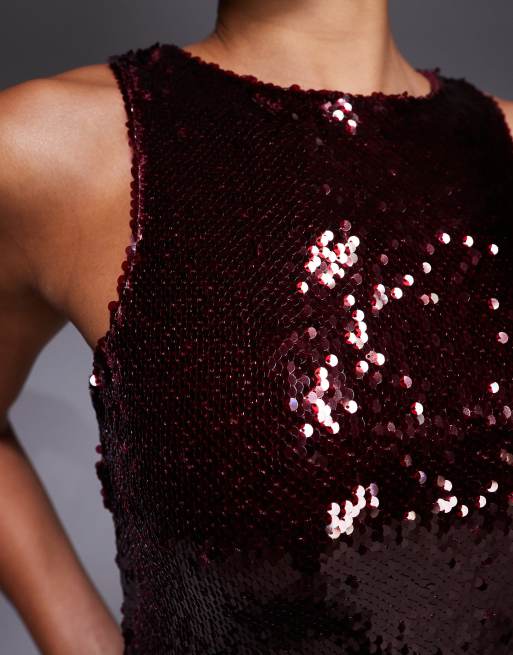 Rare London sequin racer neck maxi dress in burgundy