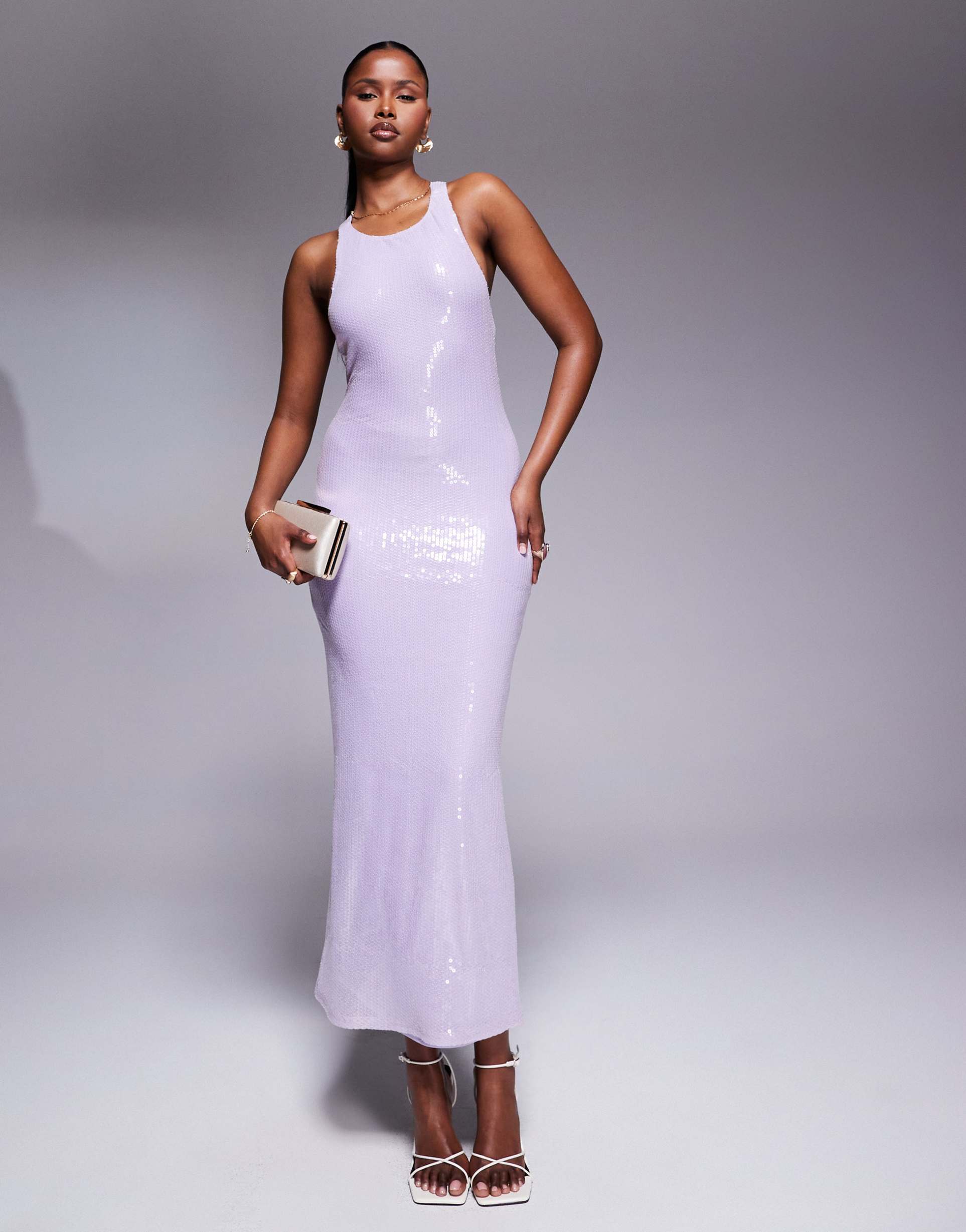 rare london sequin racerneck cross back maxi dress in lilac