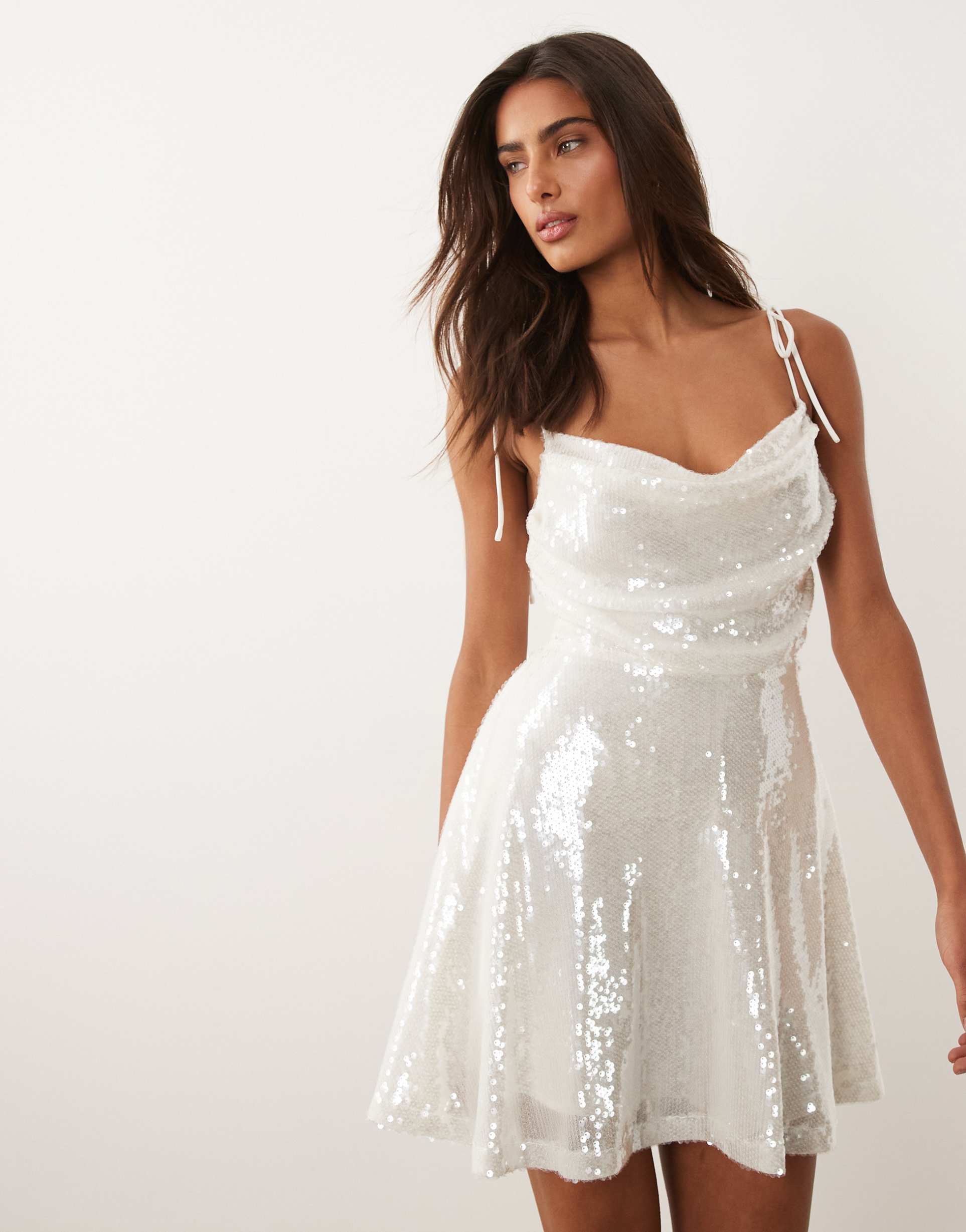 rare london sequin ruched bust tie back floaty mini dress in white