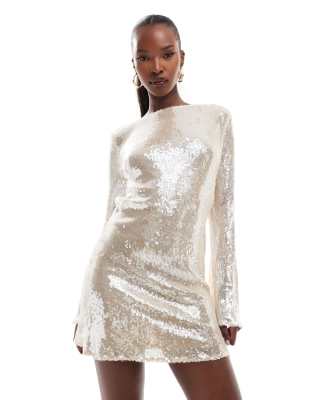 Rare London shiny sequin cowl back mini dress in champagne Sale