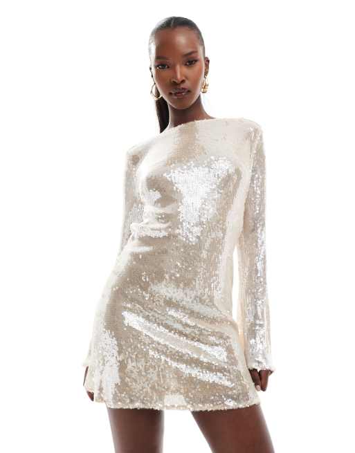 Rare London shiny sequin cowl back mini mytheresa dress in champagne