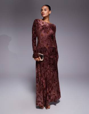 Rare Rare London slash neck long sleeve drop scoop waist maxi dress in burgundy floral-Red