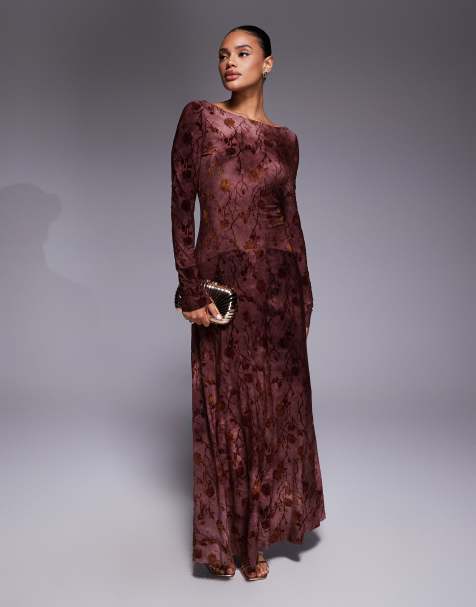 Rare London slash neck long sleeve drop scoop waist maxi dress in burgundy floral - view 1